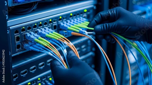 Hands of a woman technician with black gloves connecting fiber optic cables to a server rack in a data center for network installation.