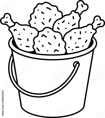 Bucket of fried chicken wing and leg. Fast food meal or snack. Snack bar and american restaurant food. Outline icon illustration
