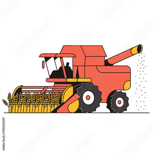 Modern red combine harvester machine working in wheat field and pouring grain, professional agricultural equipment for cereal harvest flat art illustration