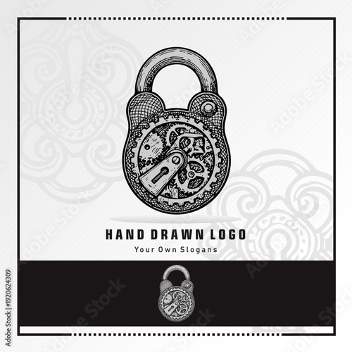 Vintage padlock logo illustration in hand drawn engraving style
