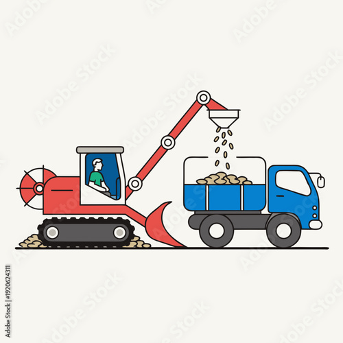 Industrial excavator machine loading harvested grain into a blue transport truck, professional agricultural logistics and supply chain flat art illustration