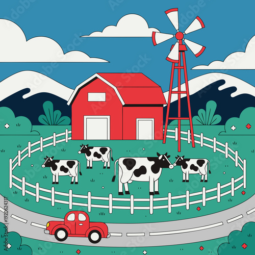 Rural dairy farm landscape with red barn house and traditional windmill, black and white cows grazing inside circular fence flat art illustration