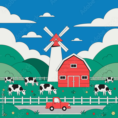 Rural dairy farm landscape with red barn house and traditional windmill, black and white cows grazing in green pasture flat art illustration