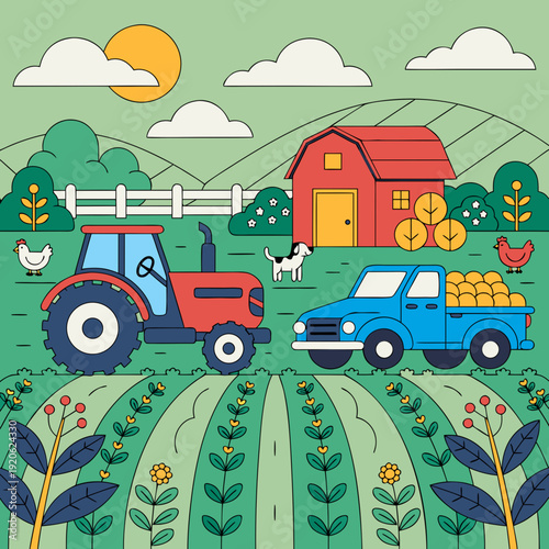 Rural farm landscape with red barn house, tractor in cultivated field and blue pickup truck carrying fresh harvest produce flat art illustration