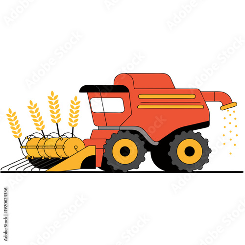 Modern red combine harvester machine for industrial grain harvesting, professional agricultural equipment for wheat and cereal production flat art