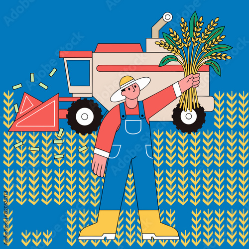 Modern farmer standing in wheat field with large combine harvester machine, professional agricultural harvest and cereal production flat art