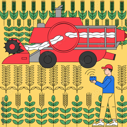 Modern farmer using remote control for autonomous red harvester in golden grain field, smart agriculture and precision farming technology flat art