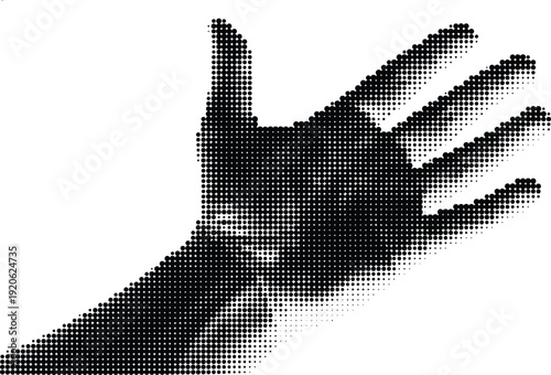 A hand with fingers extended and a polka dot pattern on a white background