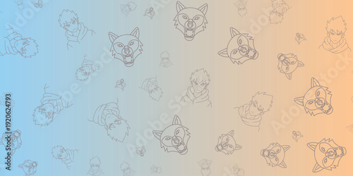 Abstract Cartoon Sketch Pattern Featuring Animal Faces and Human Portraits