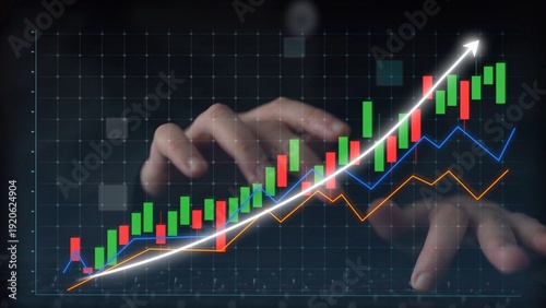 фотографія A close-up view of hands engaging with colorful stock market charts, illustrating financial growth and trend analysis, pivotal for traders and investors