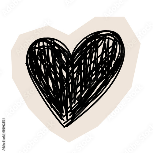 Paper Cut Out Hear Sketch Icon. Abstract Romantic Stroke Application Form. Old Monochrome Graphic Pint Texture. Abstract Cut Out Imperfect Irregular Shape Decoration Symbol Element. Vintage Style.	