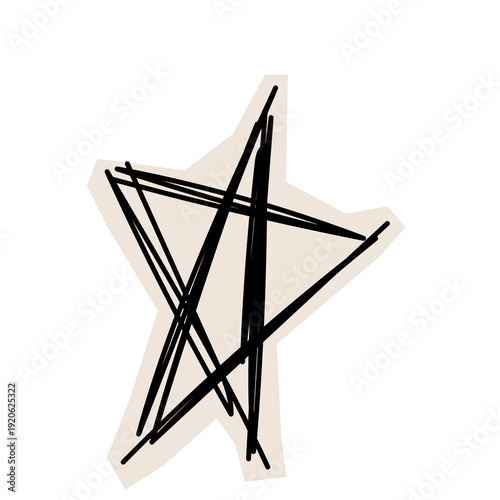 Paper Cut Out Star Sketch Icon. Abstract Star Stroke Application Form. Old Monochrome Graphic Pint Texture. Abstract Cut Out Imperfect Irregular Shape Decoration Symbol Element. Vintage Style.	