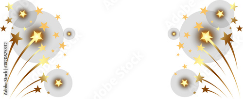 Golden fireworks and sparkling stars against a clean white background