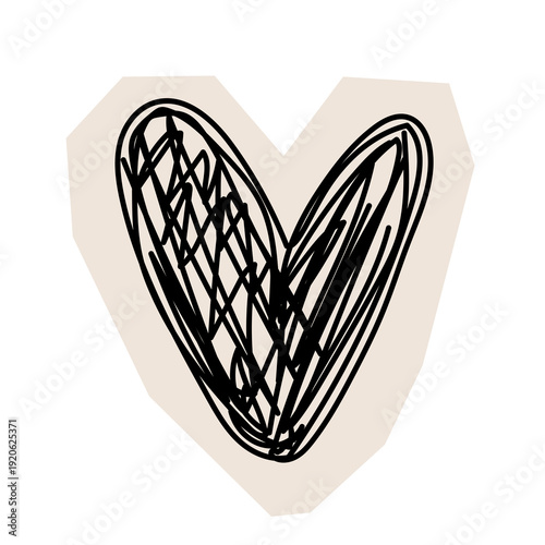 Paper Cut Out Hear Sketch Icon. Abstract Romantic Stroke Application Form. Old Monochrome Graphic Pint Texture. Abstract Cut Out Imperfect Irregular Shape Decoration Symbol Element. Vintage Style.	
