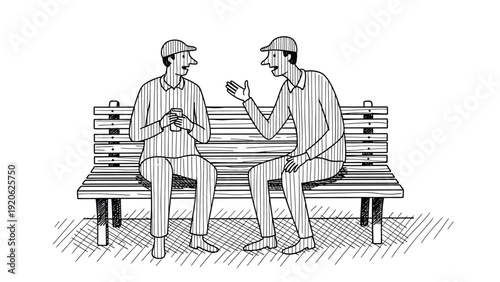 Illustrated in black and white, two people in caps sit on a bench. One gestures while speaking, the other listens intently, conveying a thoughtful exchange.