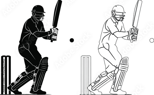 Two cricketers demonstrating batting stances during a game.