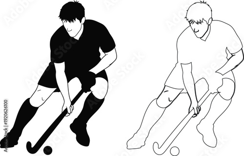 Two hockey players demonstrating different stances while playing field hockey