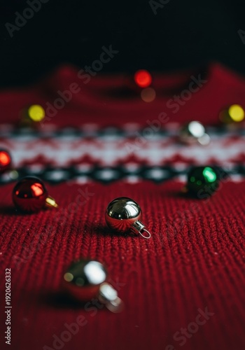 Close-up of a hideous holiday sweater texture with sparkling, festive ornaments creating a colorful, blurred winter background perfect for cards, retro, textile, cheerful