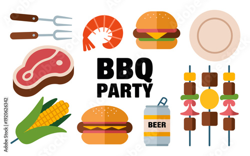 Flat Barbecue Party Food Including Steak Burger Corn Shrimp Skewers and Beer