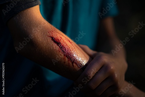 Man clutching his arm to cover the cut that won't stop bleeding