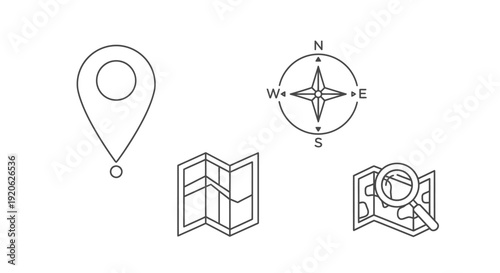 Conceptual navigation icons pinpoint compass map and search illustration
