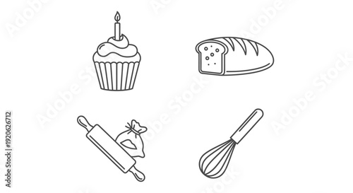 Bakery icon set cupcake bread rolling pin whisk and flour bag