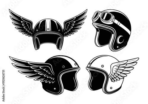 Vintage motorcycle helmets with wings and goggles black and white retro