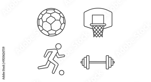 Sports icons soccer basketball running figure and dumbbell symbols