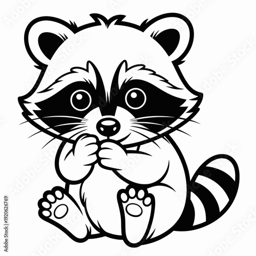 A cute black and white raccoon sitting and covering its mouth with a paw isolated on white background, Vector, illustration