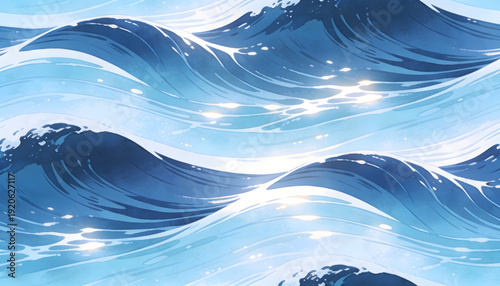 Abstract ocean wave pattern with sparkling highlights in blue and white watercolor style representing calm marine environment