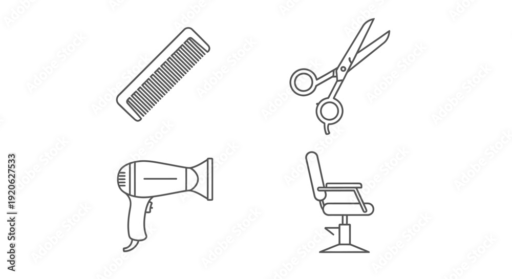 Obraz premium Hairdressing tools comb scissors hairdryer and chair isolated vectors