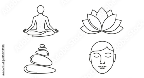 Yoga and meditation icons lotus flower human figure stacked stones face