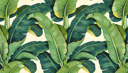 Seamless pattern with large green banana leaves on white background in tropical style for wallpaper design