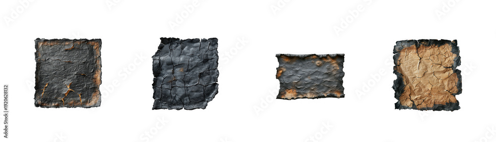 Fototapeta premium Burnt paper fragments with scorched edges, representing destruction, loss, or historical documents. isolated on transparent background