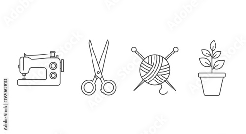 Crafting and gardening line icons set sewing scissors knitting plant
