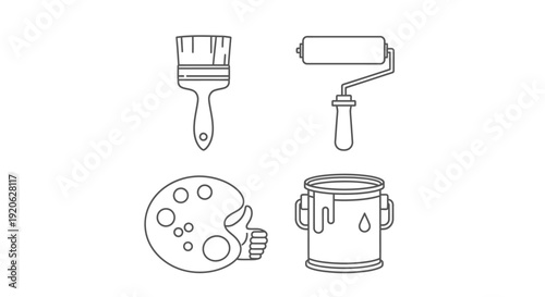 Paint tools brush roller palette and paint can vector illustration