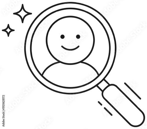 Magnifying glass over a smiling user avatar representing candidate search, profile discovery, and customer focus.