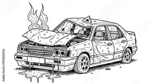 Detailed line drawing of a damaged car with a crumpled hood, shattered windshield, and smoke rising. Puddles form underneath, suggesting leaks.