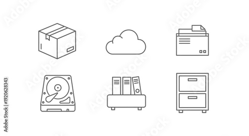 Set of modern line art icons representing data storage and cloud computing