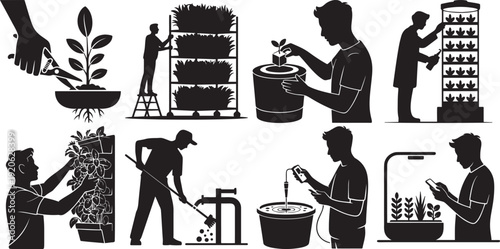 Silhouettes of people engaged in modern and traditional gardening activities