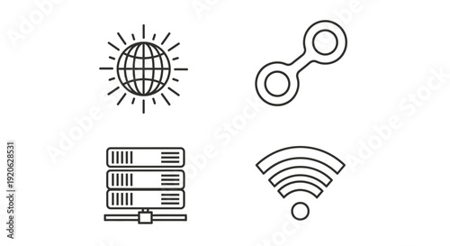 Set of technology icons representing global connectivity and data transfer