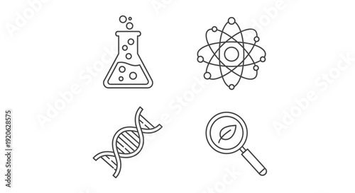 Science and research icons atom flask dna leaf with magnifying glass