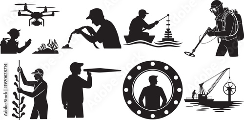 Marine exploration and underwater research silhouette set with divers