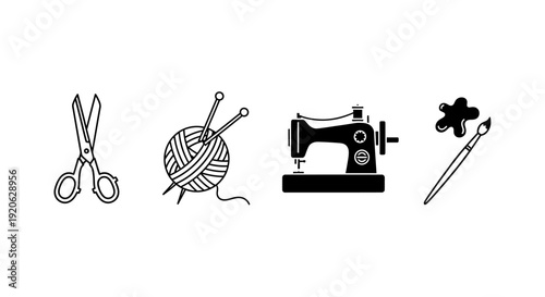 Crafting tools scissors yarn sewing machine and paint brush icons on white