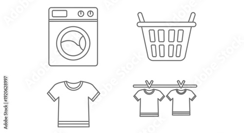 Laundry icons washing machine basket t shirts and drying rack outlined