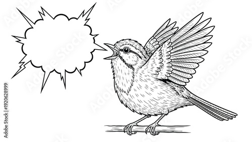 Illustration of a bird with outstretched wings on a branch, singing. A speech bubble with a jagged outline emerges from its beak, conveying a lively tone.