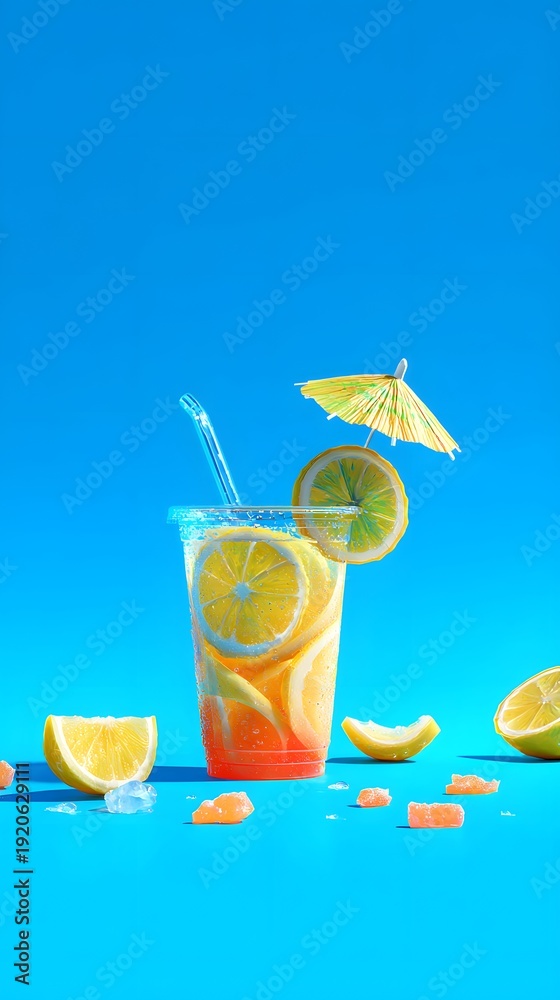 Obraz premium A refreshing citrus drink with lemon slices and a small umbrella against a bright blue background
