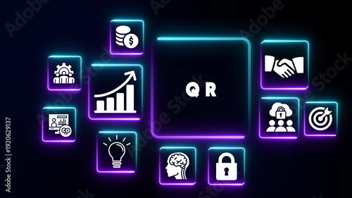 Neon Icons Representing Business Ideas Grouped Around QR Text quick response