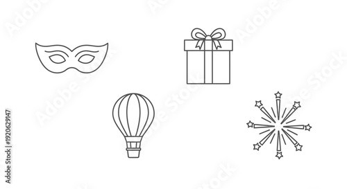 Outlined festive icons mask gift hot air balloon and fireworks elements