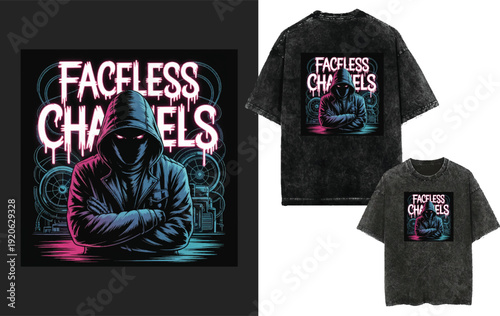 Faceless Channels Neon Cyberpunk Hoodie Graphic T-Shirt Design. T-shirt prints, posters, cands, stickers and other uses.